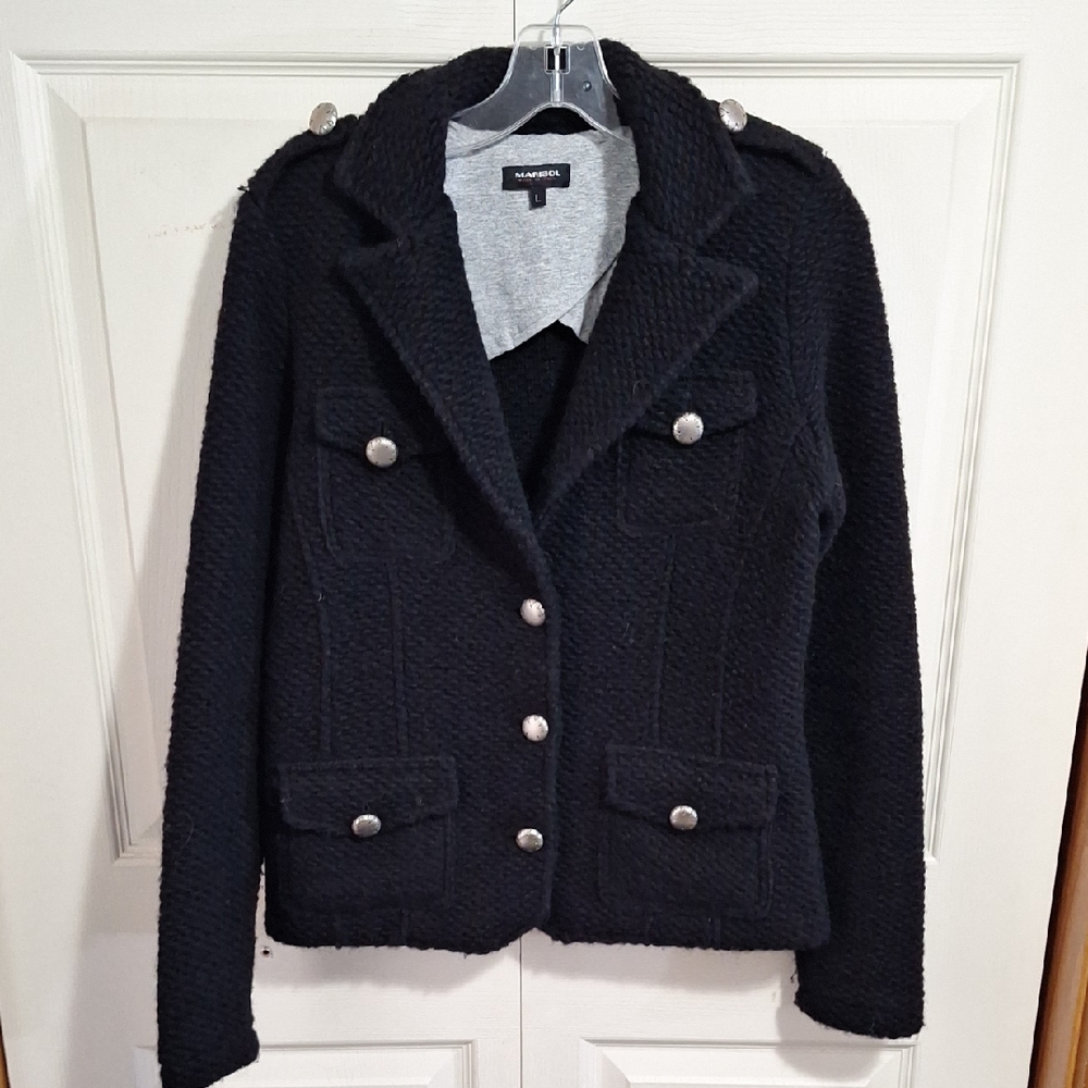 Marison Italian Wool Elegant Black Blazer Jacket-Silver Accents/Buttons-L